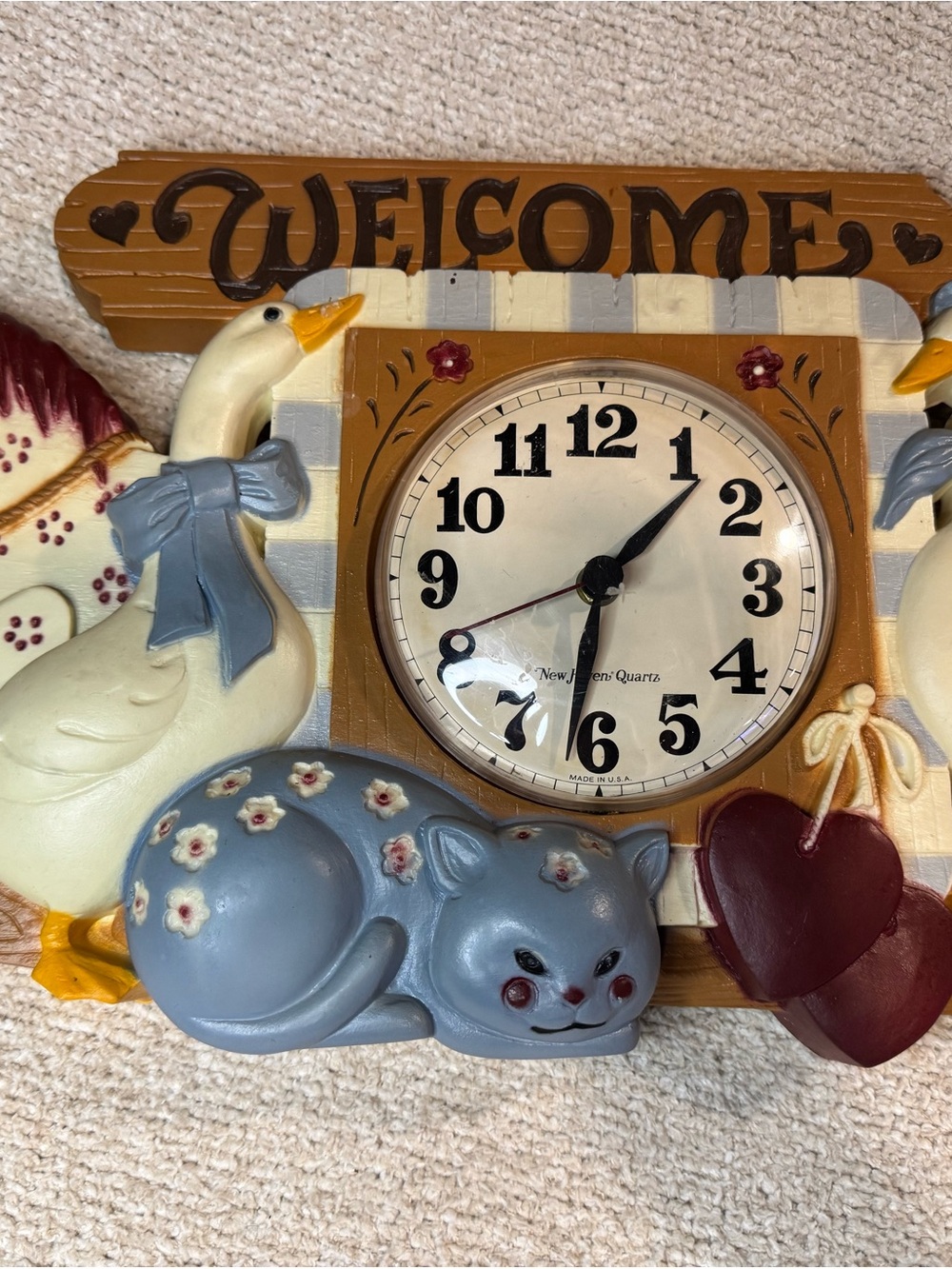 Vintage New Haven Quartz Welcome Wall Clock Ducks Cat Country Farmhouse Decor